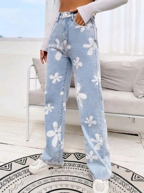 Flower Print Sky Blue Wide Leg for Women - ice, 26