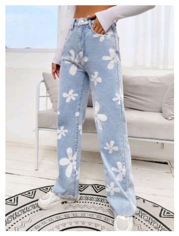 Flower Print Sky Blue Wide Leg for Women - ice, 26