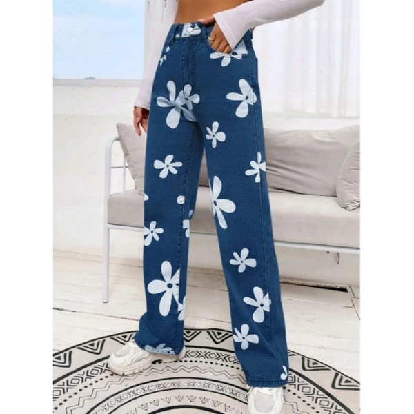 Flower Print Stone Blue Wide Leg for Women - Stone blue, 26