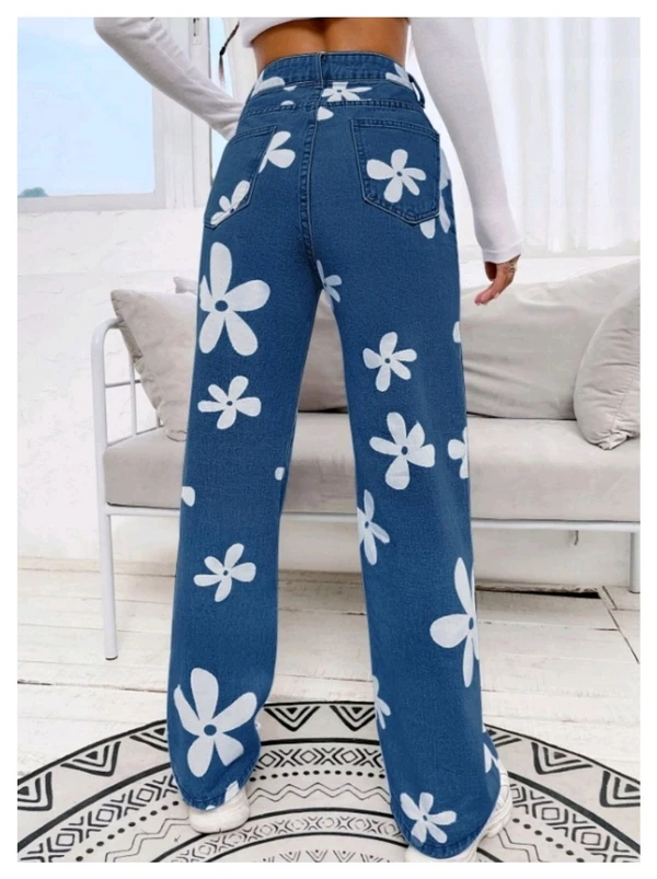 Flower Print Stone Blue Wide Leg for Women - Stone blue, 26