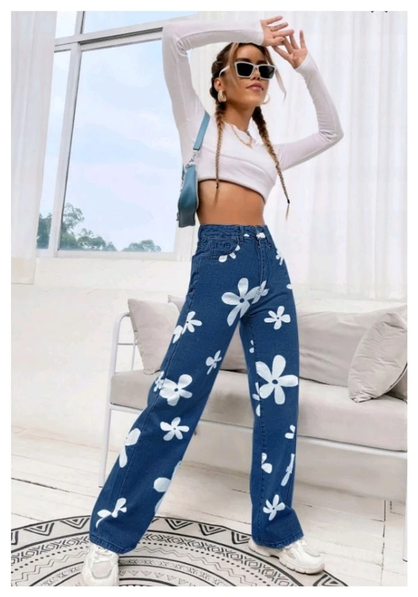 Flower Print Stone Blue Wide Leg for Women - Stone blue, 26