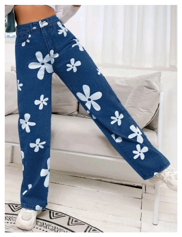 Flower Print Stone Blue Wide Leg for Women - Stone blue, 26