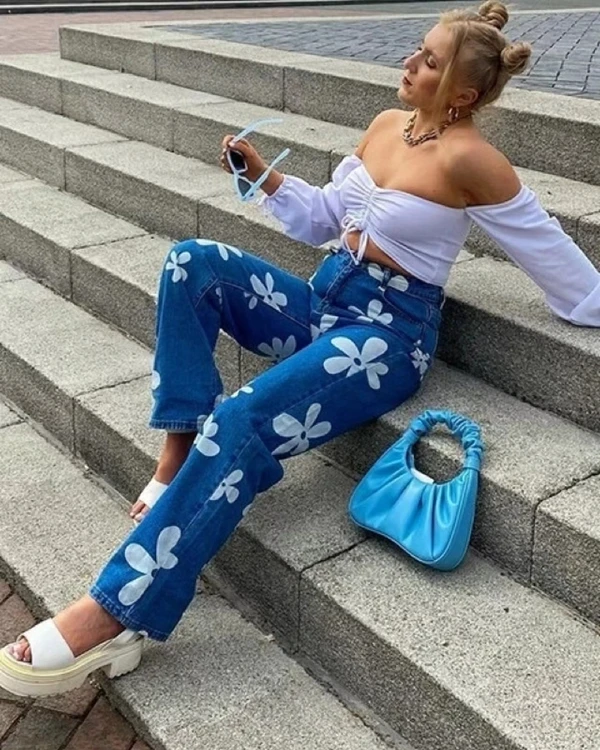 Flower Print Wide Leg Denim