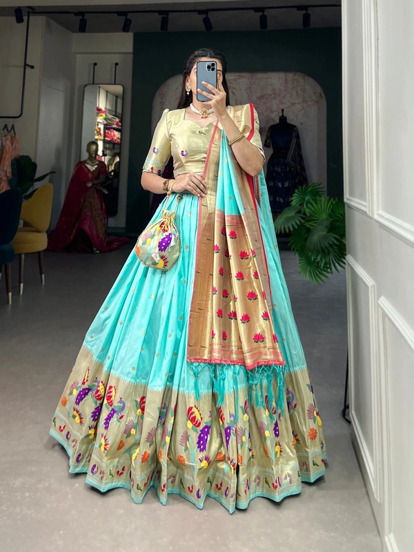"Jacquard Silk Paithani Lehenga Choli Set with Zari Weaving, Dupatta & Batwa � AAKANKSHA - - FREE, SKY BLUE
