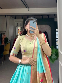 "Jacquard Silk Paithani Lehenga Choli Set with Zari Weaving, Dupatta & Batwa � AAKANKSHA - - FREE, SKY BLUE