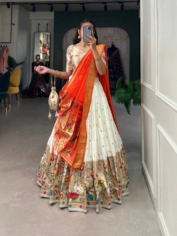 "Jacquard Silk Paithani Lehenga Choli Set with Zari Weaving, Dupatta & Batwa � AAKANKSHA - - FREE, WHITE