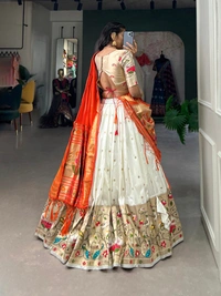 "Jacquard Silk Paithani Lehenga Choli Set with Zari Weaving, Dupatta & Batwa � AAKANKSHA - - FREE, WHITE