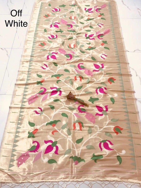 "Love Bird Silk Dupatta with Lotus Butti | 2.5m Soft Jari Fabric |" - 2.5 mt, Off White