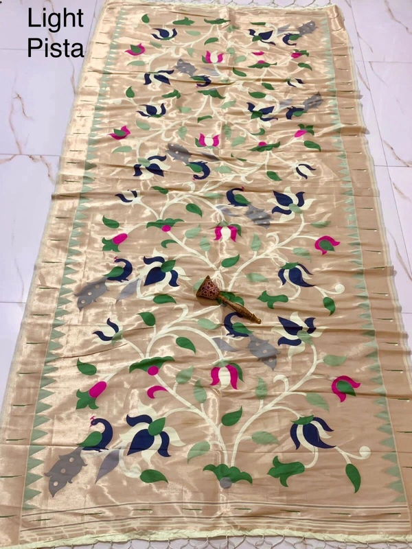 "Love Bird Silk Dupatta with Lotus Butti | 2.5m Soft Jari Fabric |" - 2.5 mt, Light Pista