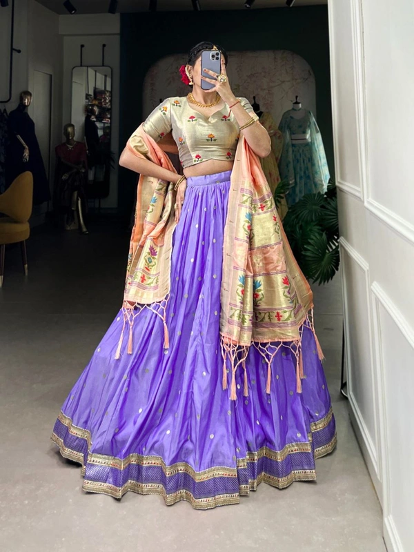 "Paithani Jacquard Silk Zari Woven Lehenga Choli Set with Dupatta & Batwa � KEERTHNA Catalogue (LNB2006BLU)" - FREE, BLUE