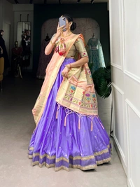 "Paithani Jacquard Silk Zari Woven Lehenga Choli Set with Dupatta & Batwa � KEERTHNA Catalogue (LNB2006BLU)" - FREE, BLUE