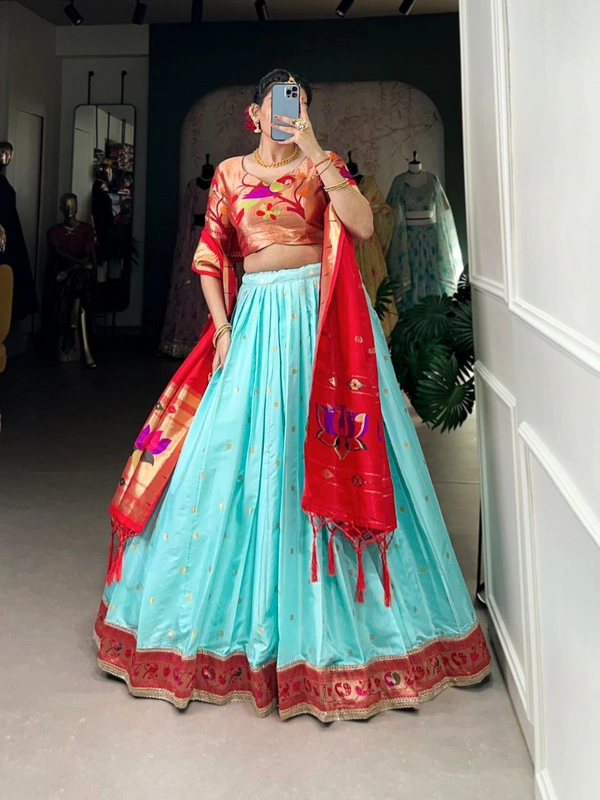 "Paithani Jacquard Silk Zari Woven Lehenga Choli Set with Dupatta & Batwa � KEERTHNA Catalogue (LNB2006SBL)" - FREE, SKY BLUE