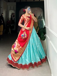 "Paithani Jacquard Silk Zari Woven Lehenga Choli Set with Dupatta & Batwa � KEERTHNA Catalogue (LNB2006SBL)" - FREE, SKY BLUE