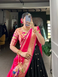 "Paithani Jacquard Silk Zari Woven Lehenga Choli Set with Dupatta & Batwa � KEERTHNA Catalogue (LNB2006BLK
)" - FREE, BLACK