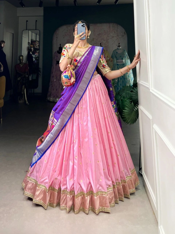 "Paithani Jacquard Silk Zari Woven Lehenga Choli Set with Dupatta & Batwa � KEERTHNA Catalogue (LNB2006LPI
)" - FREE, LIGHT PINK