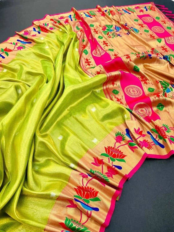 "Premium Soft Banarasi Tissue Silk Lotus Paithani Saree with Rich Pallu & Border" - FREE, Light green