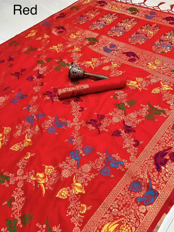 "Pure Heavy Silk Saree with Original Jari & Minakari Work | Bridal Wear | Premium Quality Traditional Saree with Running Blouse" - DT-2-4-2025 - FREE, RED