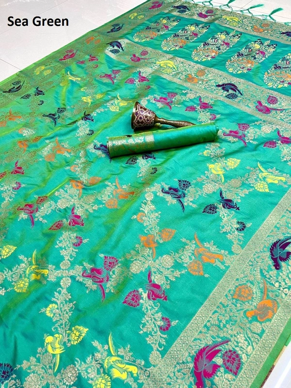 "Pure Heavy Silk Saree with Original Jari & Minakari Work | Bridal Wear | Premium Quality Traditional Saree with Running Blouse" - DT-2-4-2025 - FREE, SEA GREEN