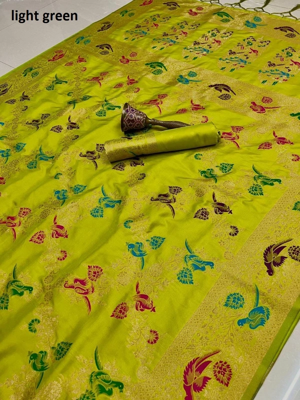"Pure Heavy Silk Saree with Original Jari & Minakari Work | Bridal Wear | Premium Quality Traditional Saree with Running Blouse" - DT-2-4-2025 - FREE, LIGHT GREEN