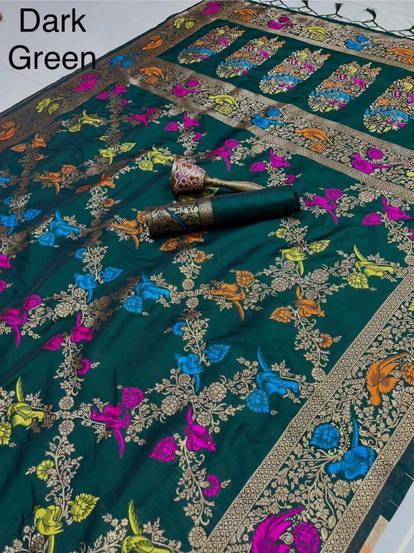 "Pure Heavy Silk Saree with Original Jari & Minakari Work | Bridal Wear | Premium Quality Traditional Saree with Running Blouse" - DT-2-4-2025 - FREE, DARK GREEN