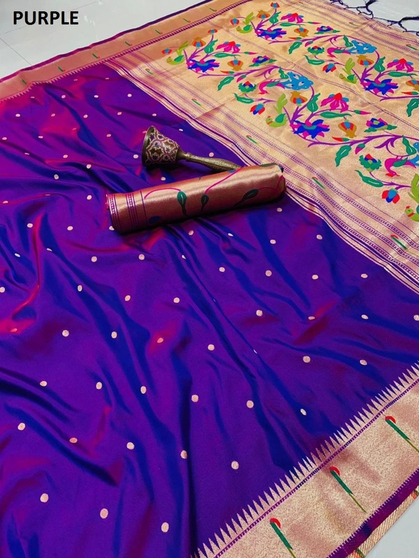 "Pure Kanchivaram Paithani Silk Saree with Peacock Border & Heavy Mina Zari Pallu � Soft Gold Zari Fabric | Brocade Blouse - FREE, PURPLE