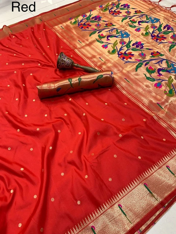 "Pure Kanchivaram Paithani Silk Saree with Peacock Border & Heavy Mina Zari Pallu � Soft Gold Zari Fabric | Brocade Blouse - FREE, RED