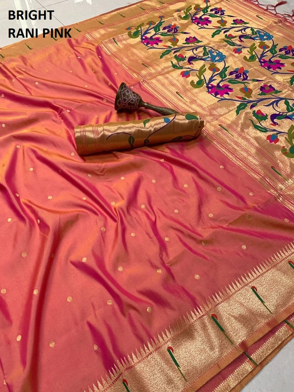 "Pure Kanchivaram Paithani Silk Saree with Peacock Border & Heavy Mina Zari Pallu � Soft Gold Zari Fabric | Brocade Blouse - FREE, BRIGHT PINK