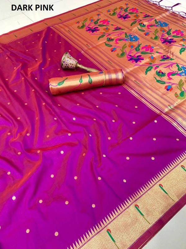 "Pure Kanchivaram Paithani Silk Saree with Peacock Border & Heavy Mina Zari Pallu � Soft Gold Zari Fabric | Brocade Blouse - FREE, DARK PINK