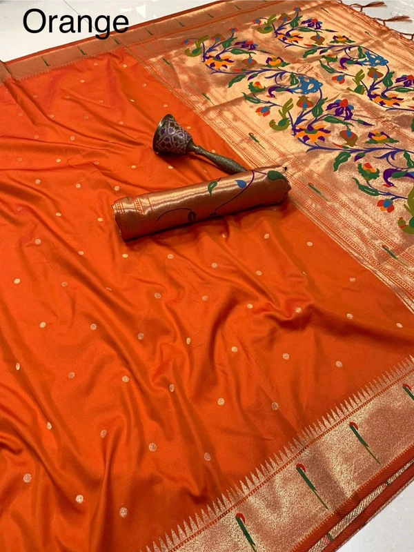 "Pure Kanchivaram Paithani Silk Saree with Peacock Border & Heavy Mina Zari Pallu � Soft Gold Zari Fabric | Brocade Blouse - FREE, ORANGE