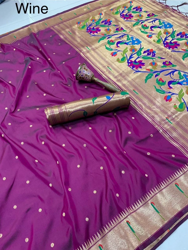 "Pure Kanchivaram Paithani Silk Saree with Peacock Border & Heavy Mina Zari Pallu � Soft Gold Zari Fabric | Brocade Blouse - FREE, WINE