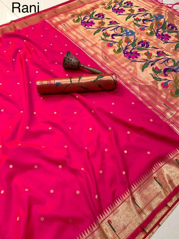 "Pure Kanchivaram Paithani Silk Saree with Peacock Border & Heavy Mina Zari Pallu � Soft Gold Zari Fabric | Brocade Blouse - FREE, RANI