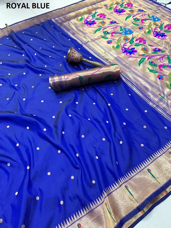 "Pure Kanchivaram Paithani Silk Saree with Peacock Border & Heavy Mina Zari Pallu � Soft Gold Zari Fabric | Brocade Blouse - FREE, ROYAL BLUE