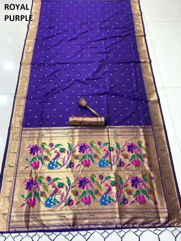 "Pure Kanchivaram Paithani Silk Saree with Peacock Border & Heavy Mina Zari Pallu � Soft Gold Zari Fabric | Brocade Blouse - FREE, ROYALPURPLE