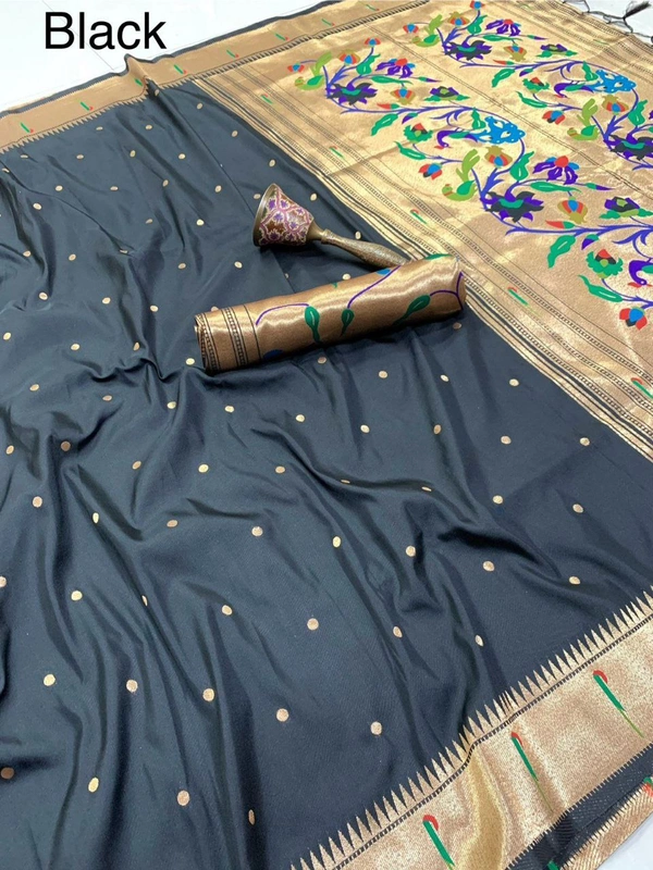 "Pure Kanchivaram Paithani Silk Saree with Peacock Border & Heavy Mina Zari Pallu � Soft Gold Zari Fabric | Brocade Blouse - FREE, BLACK