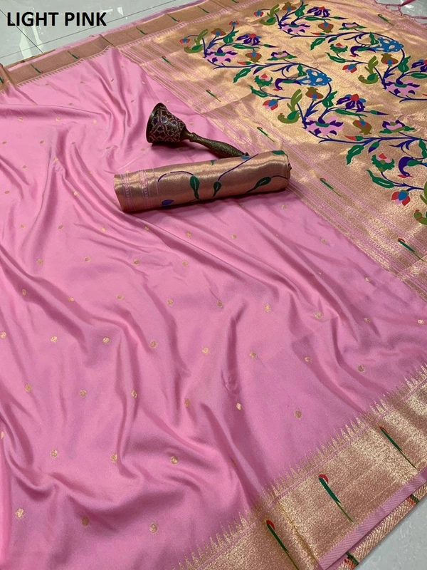 "Pure Kanchivaram Paithani Silk Saree with Peacock Border & Heavy Mina Zari Pallu � Soft Gold Zari Fabric | Brocade Blouse - FREE, LIGHT PINK