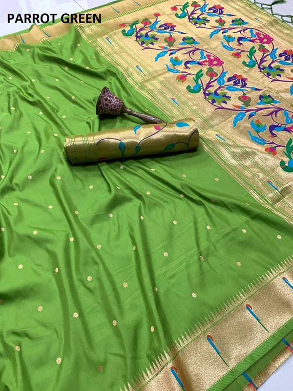 "Pure Kanchivaram Paithani Silk Saree with Peacock Border & Heavy Mina Zari Pallu � Soft Gold Zari Fabric | Brocade Blouse - FREE, PERROT GREEN