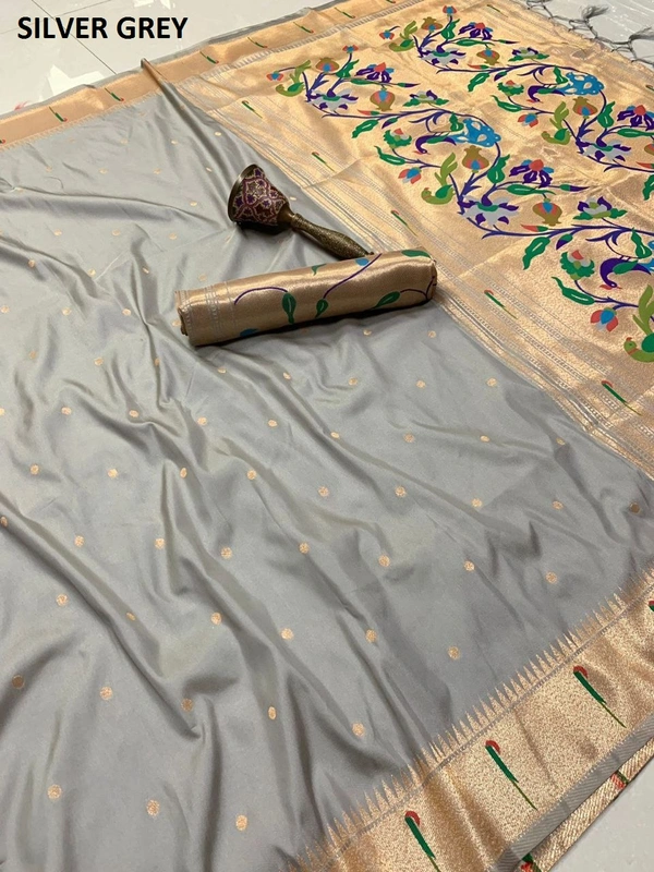 "Pure Kanchivaram Paithani Silk Saree with Peacock Border & Heavy Mina Zari Pallu � Soft Gold Zari Fabric | Brocade Blouse - FREE, SILVER GREY