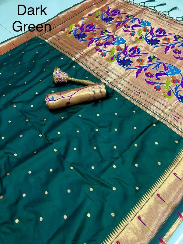 "Pure Kanchivaram Paithani Silk Saree with Peacock Border & Heavy Mina Zari Pallu � Soft Gold Zari Fabric | Brocade Blouse - FREE, DARK GREEN