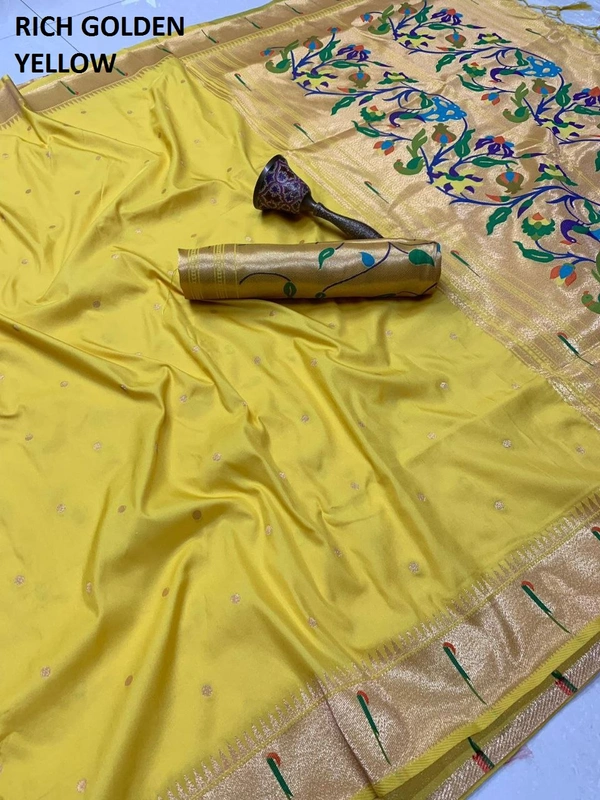 "Pure Kanchivaram Paithani Silk Saree with Peacock Border & Heavy Mina Zari Pallu � Soft Gold Zari Fabric | Brocade Blouse - FREE, RICH GOLDEN YELLOW