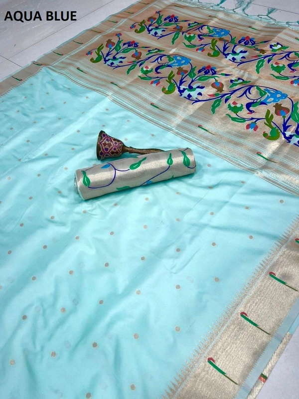 "Pure Kanchivaram Paithani Silk Saree with Peacock Border & Heavy Mina Zari Pallu � Soft Gold Zari Fabric | Brocade Blouse - FREE, AQUA BLUE