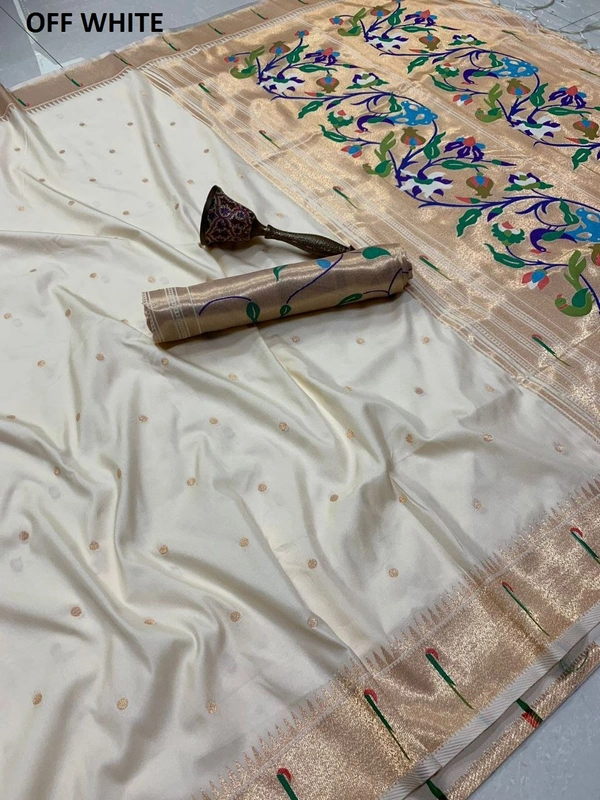 "Pure Kanchivaram Paithani Silk Saree with Peacock Border & Heavy Mina Zari Pallu � Soft Gold Zari Fabric | Brocade Blouse - FREE, OFF WHITE