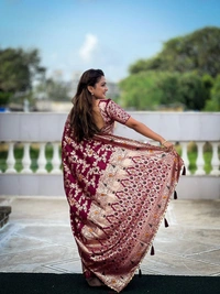 "Pure Viscose Dolla Silk Saree with Heavy Meenakari Weaving & Soft Silk Zari Blouse" -Flower Valley - FREE, Maroon