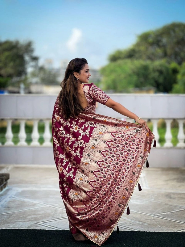 "Pure Viscose Dolla Silk Saree with Heavy Meenakari Weaving & Soft Silk Zari Blouse" -Flower Valley - FREE, Maroon