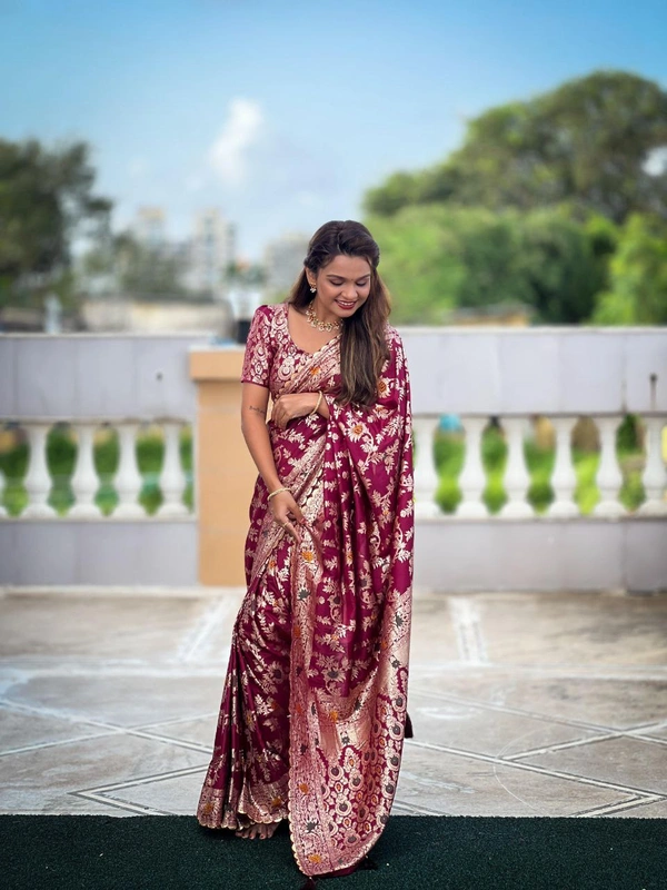 "Pure Viscose Dolla Silk Saree with Heavy Meenakari Weaving & Soft Silk Zari Blouse" -Flower Valley - FREE, Maroon