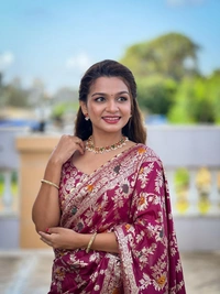 "Pure Viscose Dolla Silk Saree with Heavy Meenakari Weaving & Soft Silk Zari Blouse" -Flower Valley - FREE, Maroon