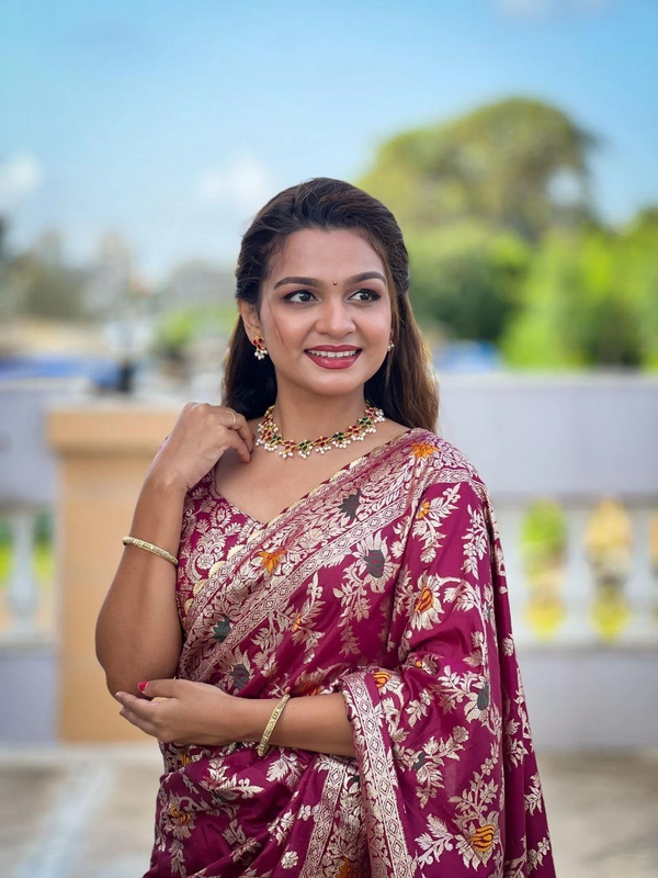 "Pure Viscose Dolla Silk Saree with Heavy Meenakari Weaving & Soft Silk Zari Blouse" -Flower Valley - FREE, Maroon