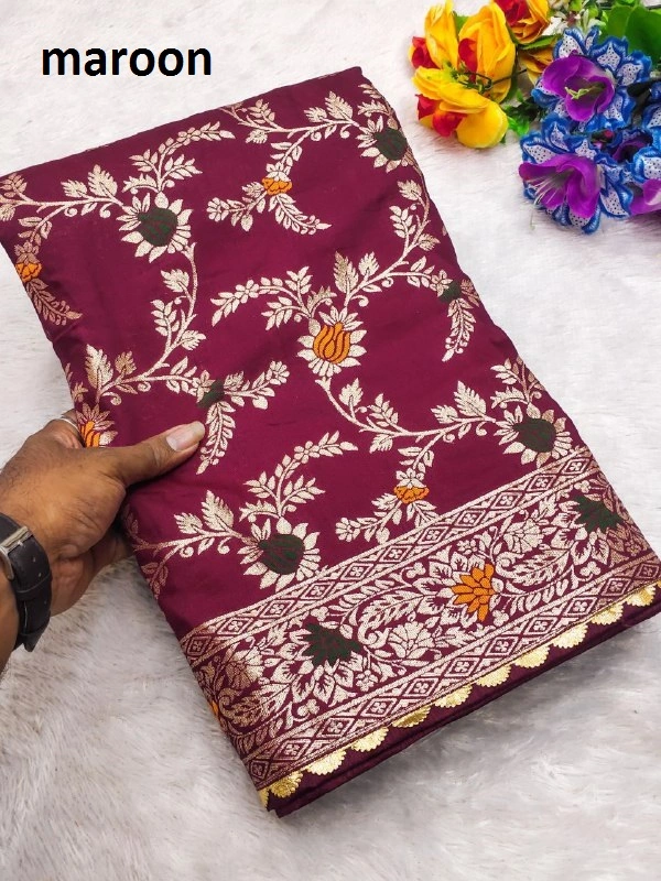 "Pure Viscose Dolla Silk Saree with Heavy Meenakari Weaving & Soft Silk Zari Blouse" -Flower Valley - FREE, Maroon