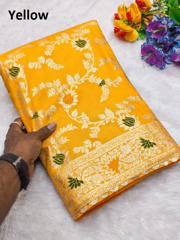"Pure Viscose Dolla Silk Saree with Heavy Meenakari Weaving & Soft Silk Zari Blouse" -Flower Valley - FREE, Yellow
