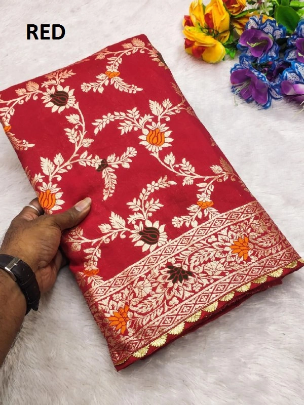"Pure Viscose Dolla Silk Saree with Heavy Meenakari Weaving & Soft Silk Zari Blouse" -Flower Valley - FREE, Red