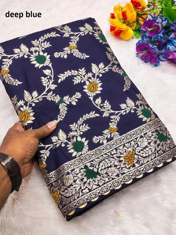 "Pure Viscose Dolla Silk Saree with Heavy Meenakari Weaving & Soft Silk Zari Blouse" -Flower Valley - FREE, Deep Blue